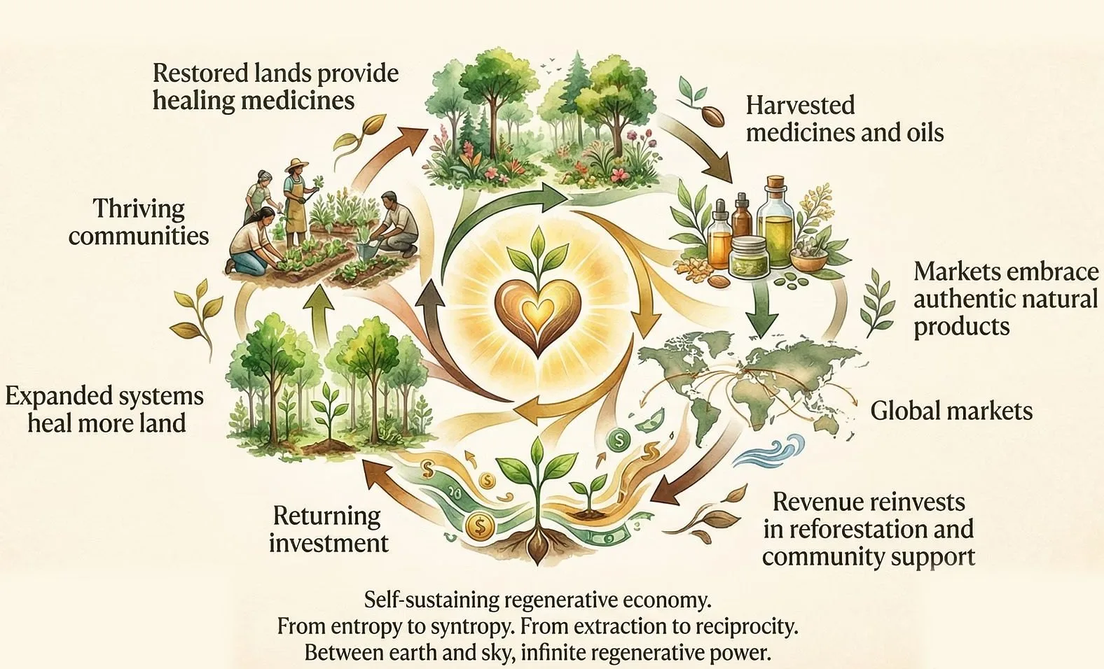 The Spirit Tree regenerative cycle: planting, harvest, products and market, with profits returning to plant new forests